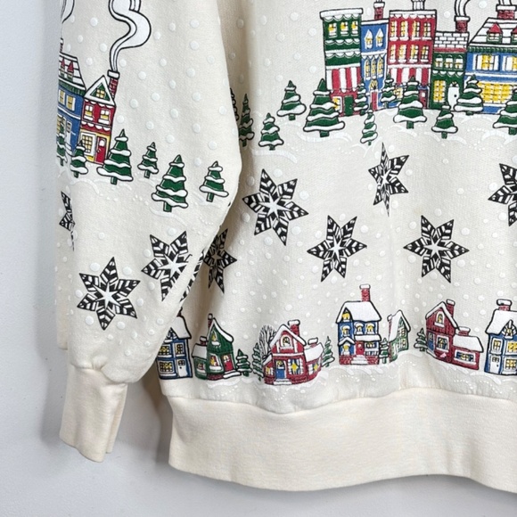 VTG 90s AOP Christmas Crewneck Sweatshirt L Granny Puff Paint Small Town Holiday - Picture 3 of 9